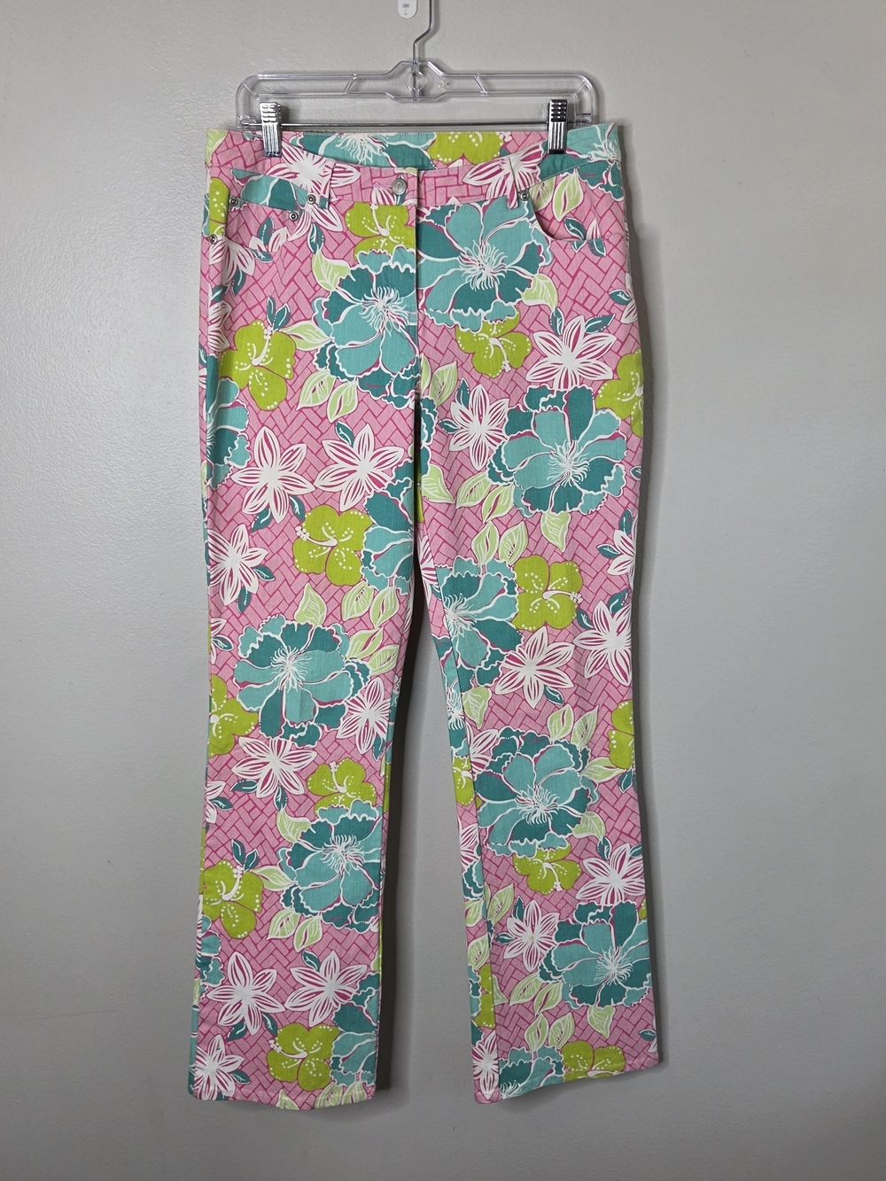 Vintage Lilly Pulitzer Serene Boot Cut Jeans In Hibiscus Pink Beach Mat Print